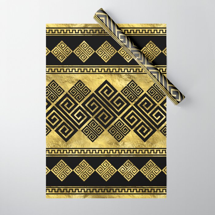 Greek Meander - Greek Key Black and gold Wrapping Paper by Creativemotions