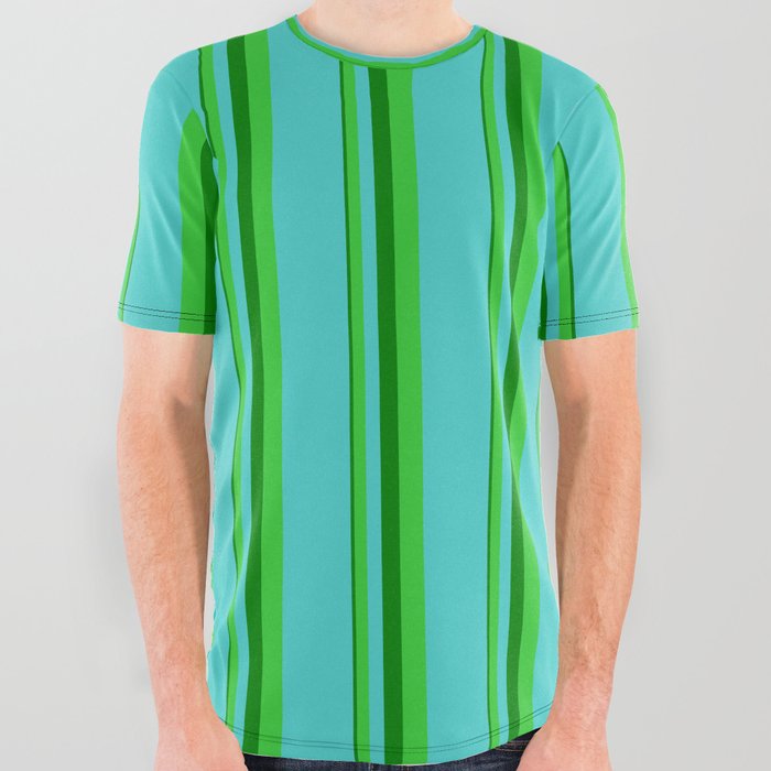 Green, Lime Green, and Turquoise Colored Lines Pattern All Over Graphic Tee