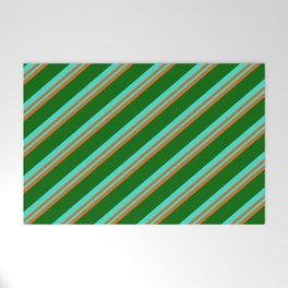 [ Thumbnail: Turquoise, Chocolate & Dark Green Colored Stripes Pattern Welcome Mat ]