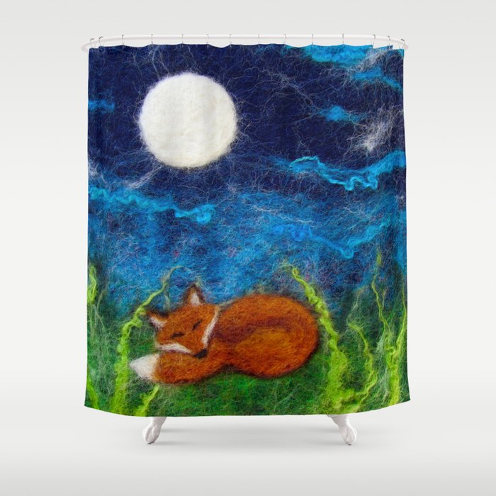 Moon Rise Fox Textile fibre art by The Wonky Fox Shower Curtain