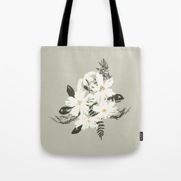 Cream and yellow flowers over sage green Tote Bag