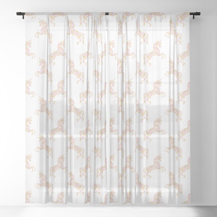 Floral Unicorn in Pink + Purple Sheer Curtain