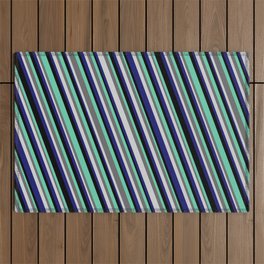 [ Thumbnail: Light Grey, Midnight Blue, Black, Aquamarine & Dim Grey Colored Lined/Striped Pattern Outdoor Rug ]
