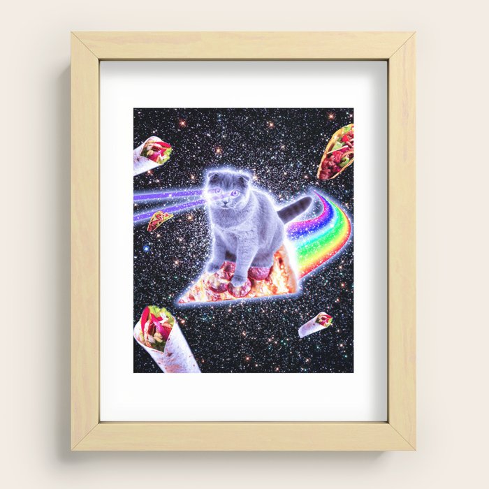 Laser Eyes Space Cat Riding Rainbow Pizza Art Print by