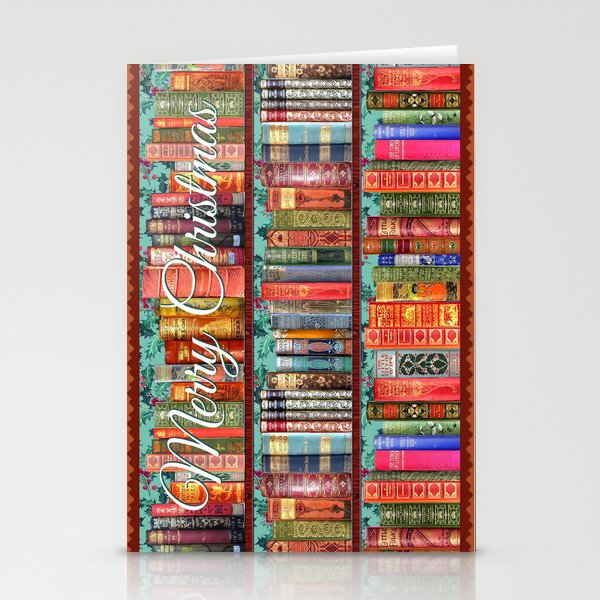 Vintage Books / Christmas bookshelf & holly wallpaper / holidays, holly, bookworm,  bibliophile Stationery Cards