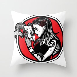 Girl with ram skull and rose Throw Pillow