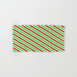 [ Thumbnail: Festive, Christmas-Inspired Red, White, and Green Colored Stripes/Lines Pattern Hand & Bath Towel ]