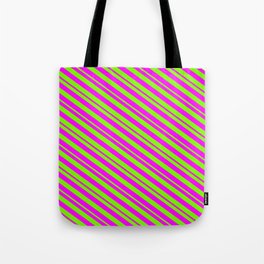 [ Thumbnail: Fuchsia and Green Colored Striped/Lined Pattern Tote Bag ]