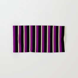 [ Thumbnail: Beige, Dark Khaki, Purple & Black Colored Stripes Pattern Hand & Bath Towel ]