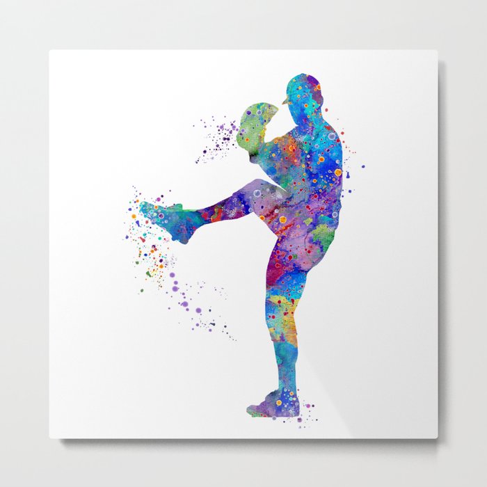 Boy Baseball Pitcher Colorful Watercolor Metal Print
