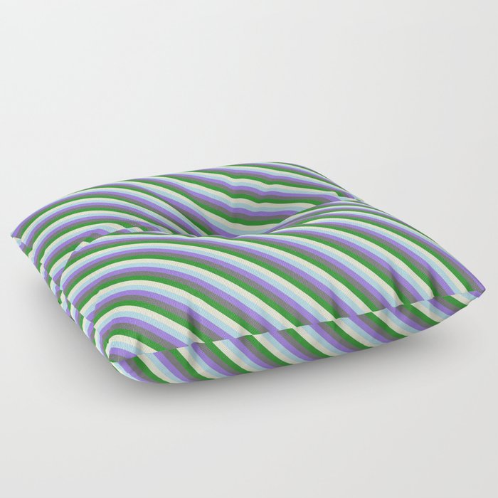 Colorful Light Blue, Purple, Dim Grey, Forest Green, and Light Yellow Colored Lined Pattern Floor Pillow