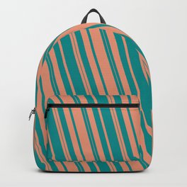 [ Thumbnail: Dark Cyan and Dark Salmon Colored Lined/Striped Pattern Backpack ]