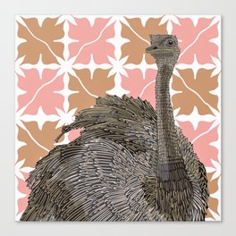 Curious ostrich from Africa standing on a modern pink checkerboard pattern Canvas Print