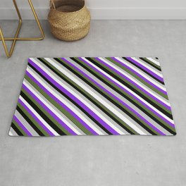 [ Thumbnail: Eye-catching Grey, White, Purple, Dark Olive Green, and Black Colored Lined/Striped Pattern Rug ]
