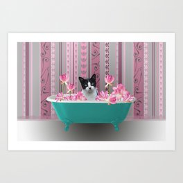 Black and White Cat in Bathtub with Lotos Flowers Art Print