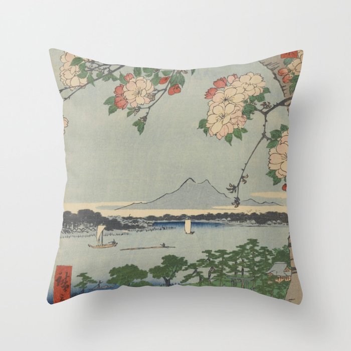 Cherry Blossoms on Spring River Ukiyo-e Japanese Art Throw Pillow