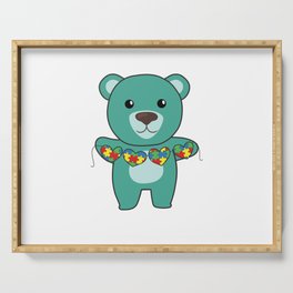 Autism Awareness Month Puzzle Heart Turquoise Bear Serving Tray