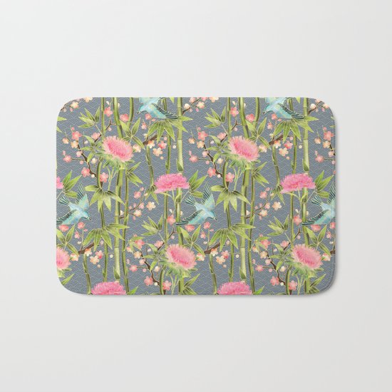 Bamboo, Birds and Blossom - grey Bath Mat