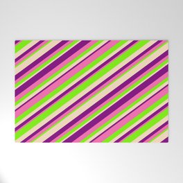[ Thumbnail: Purple, Hot Pink, Green & Bisque Colored Lined Pattern Welcome Mat ]