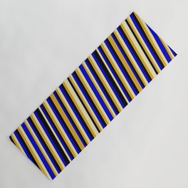 [ Thumbnail: Goldenrod, Pale Goldenrod, Blue & Black Colored Striped Pattern Yoga Mat ]