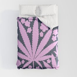 Modern Retro Cannabis And Flowers Pink On Navy Comforter