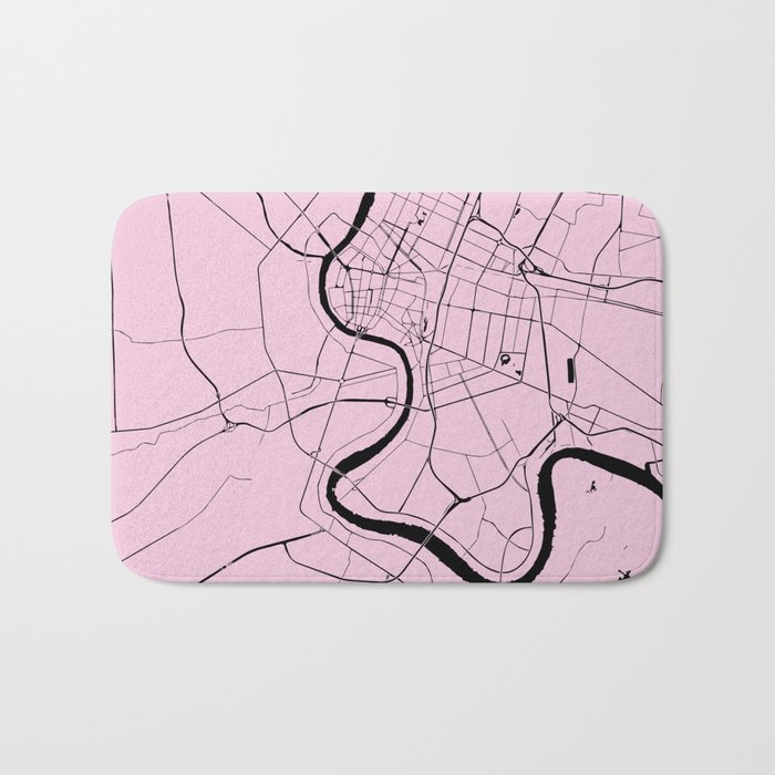 Bangkok Thailand Minimal Street Map - Pastel Pink and Black Bath Mat