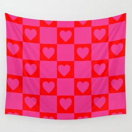 Pink and Red Checker Heart Pattern - Preppy Aesthetic Wall Tapestry