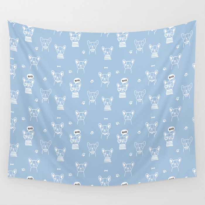 Pale Blue and White Hand Drawn Dog Puppy Pattern Wall Tapestry