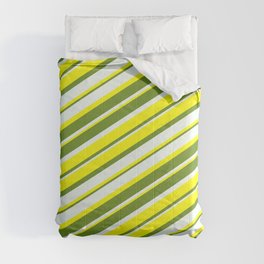 [ Thumbnail: Yellow, Green & Mint Cream Colored Lined Pattern Comforter ]