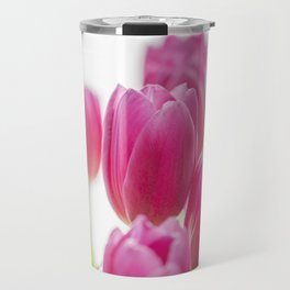 Summer cheerful bright pink tulips art print - spring flowers green leaves - nature photography Travel Mug