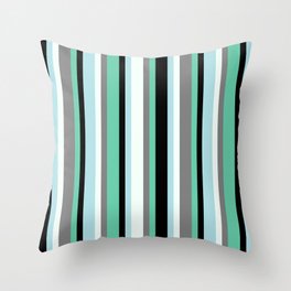 [ Thumbnail: Aquamarine, Black, Powder Blue, Mint Cream, and Gray Colored Pattern of Stripes Throw Pillow ]