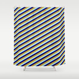 [ Thumbnail: Goldenrod, Turquoise & Blue Colored Stripes/Lines Pattern Shower Curtain ]
