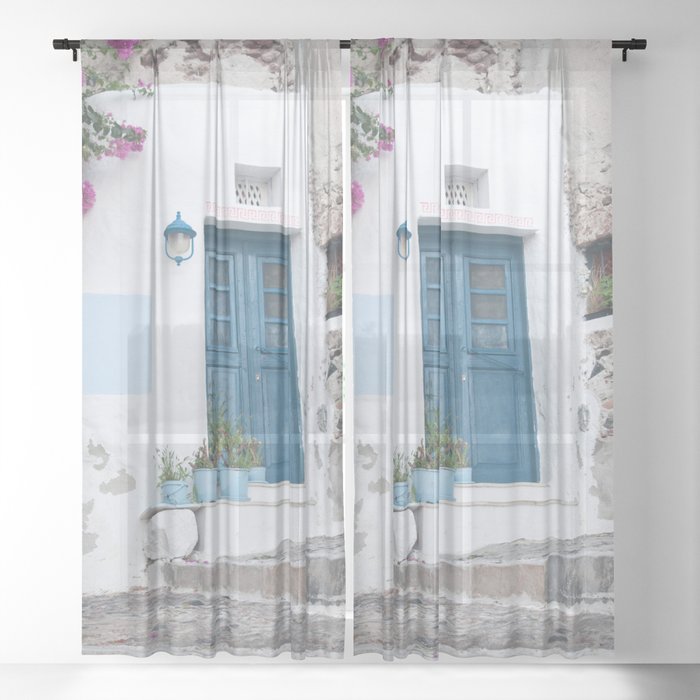 Santorini Oia Blue Door Dream #1 #minimal #wall #decor #art #society6 Sheer Curtain