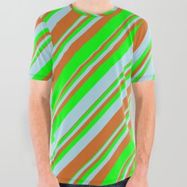 [ Thumbnail: Chocolate, Lime & Light Blue Colored Lined/Striped Pattern All Over Graphic Tee ]