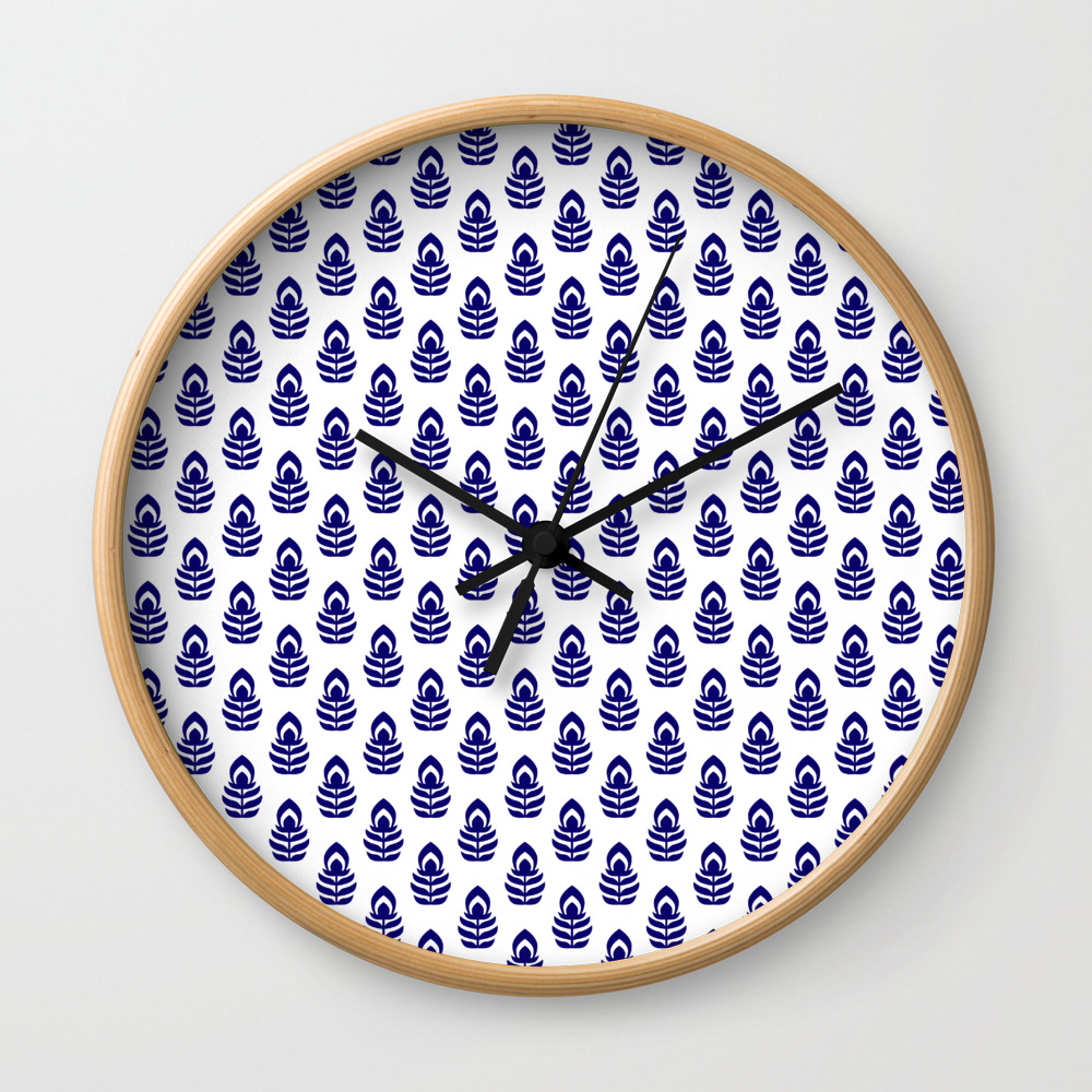 Indian Flowers Blockprint 1 Dark Blue Wall Clock By