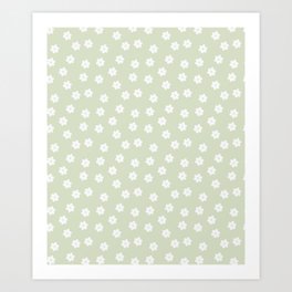 Aesthetic White Pastel Cute Groovy Flowers Beige Sage green Color Background Art Print