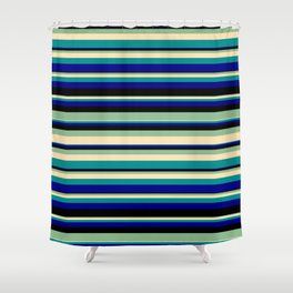 [ Thumbnail: Vibrant Dark Sea Green, Beige, Dark Cyan, Blue & Black Colored Striped/Lined Pattern Shower Curtain ]