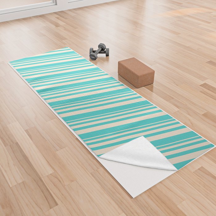 Beige and Turquoise Colored Lines Pattern Yoga Towel