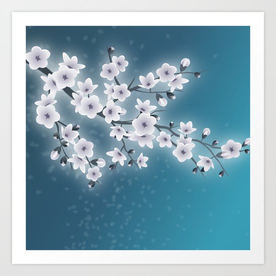 Cherry Blossoms Night Blue Art Print