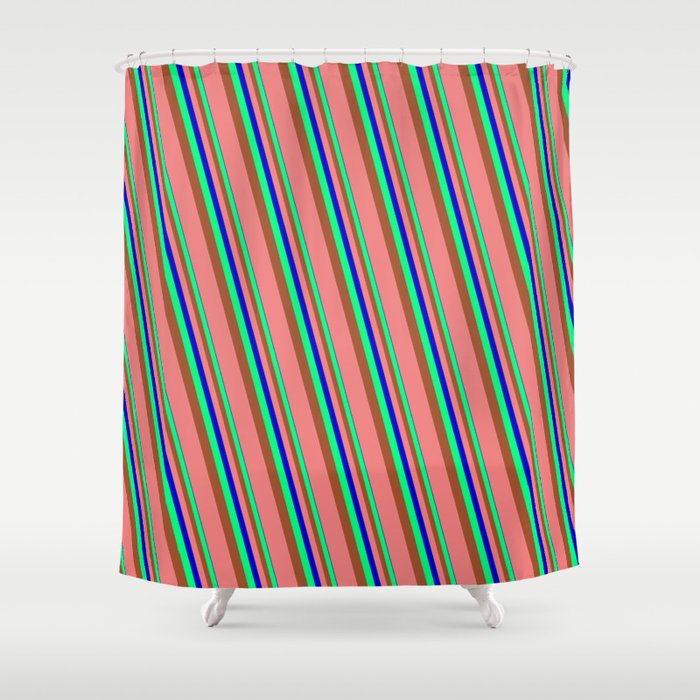 Blue, Green, Sienna & Light Coral Colored Striped/Lined Pattern Shower Curtain