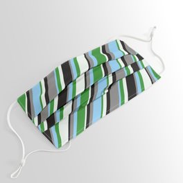 [ Thumbnail: Gray, Light Sky Blue, Forest Green, Mint Cream & Black Colored Striped Pattern Face Mask ]