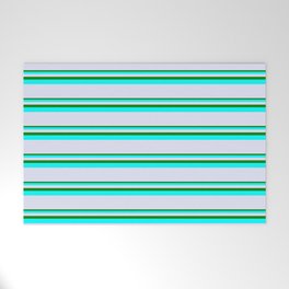 [ Thumbnail: Green, Aqua & Lavender Colored Pattern of Stripes Welcome Mat ]