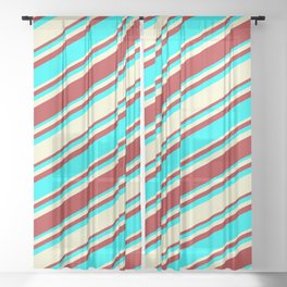 [ Thumbnail: Red, Cyan, and Light Yellow Colored Stripes Pattern Sheer Curtain ]