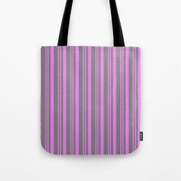[ Thumbnail: Violet & Gray Colored Stripes Pattern Tote Bag ]