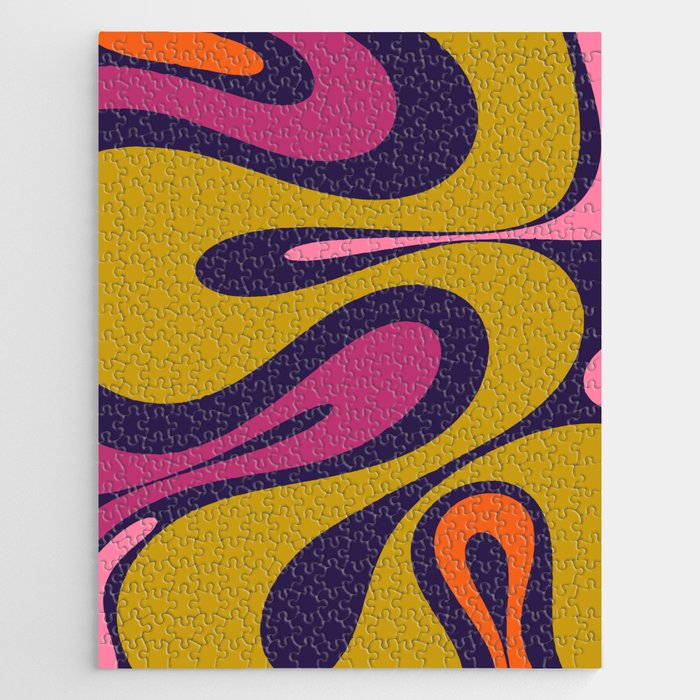 Mellow Flow Retro 60s 70s Abstract Pattern in Blue Lime Avocado Orange Magenta Pink Jigsaw Puzzle