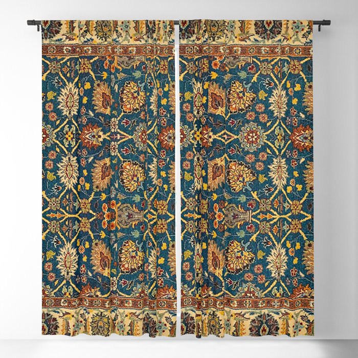 Turkish-Knotted Teal Blue/Ivory Ivory Persian Vintage Blackout Curtain