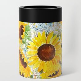 yellow sunflower blue hydrangea white orchid arrangement ink and watercolor  Can Cooler