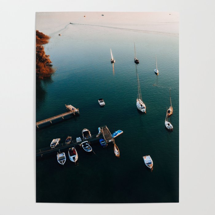 Summer evening Chiemsee Bavaria Germany. Boats on water. Drone photography Poster