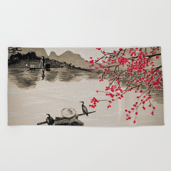 Japan Crane Fishing Beach Towel