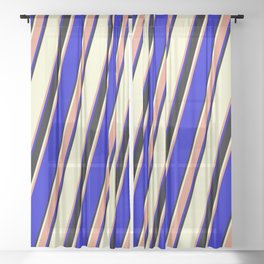 [ Thumbnail: Light Yellow, Dark Salmon, Blue, and Black Colored Striped/Lined Pattern Sheer Curtain ]
